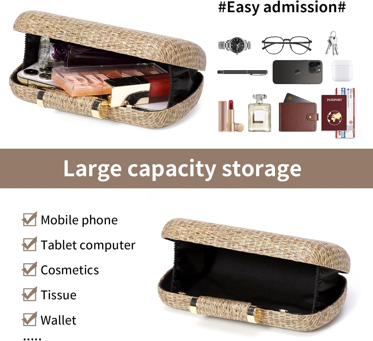 Straw Clutch Purse for Women, Hand-Woven Wicker Evening Handbag, Raffia Party Wedding Beach Bag for Summer