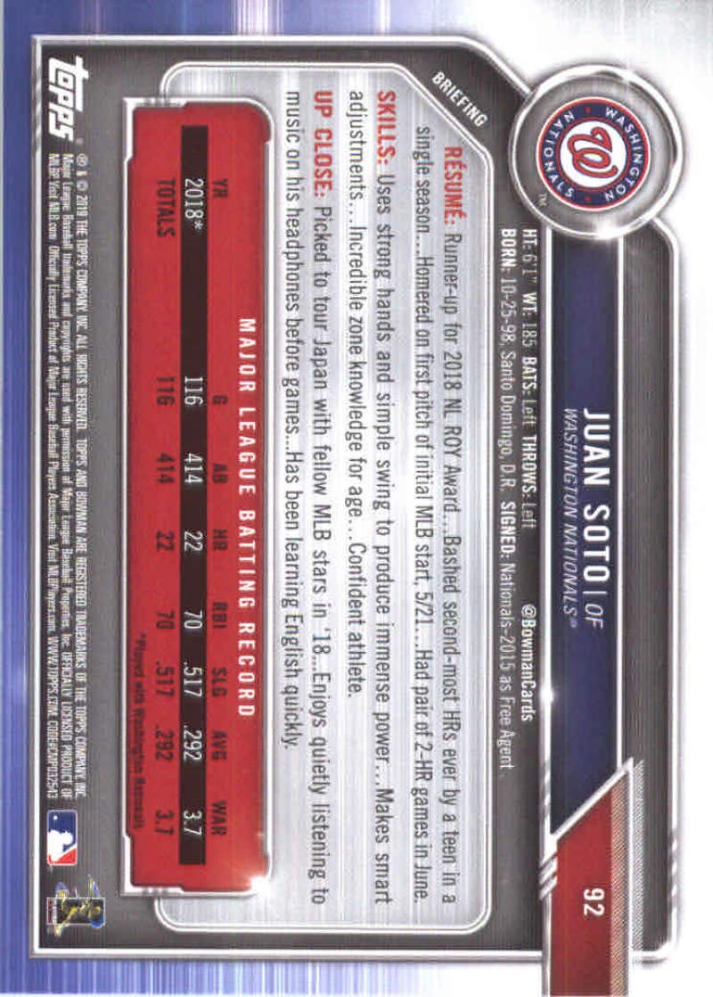 Amazon.com: 2019 Bowman Baseball #92 Juan Soto Washington