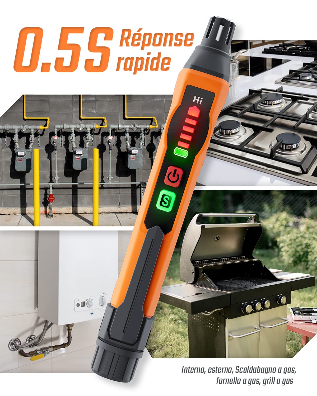TopTes Rilevatore Perdite di Gas Metano Casa, PT177 Rilevatore Portatile per Individuare Fonti di Perdite di Gas Combustibili come Propano (Batteria Inclusa x2) - Arancione