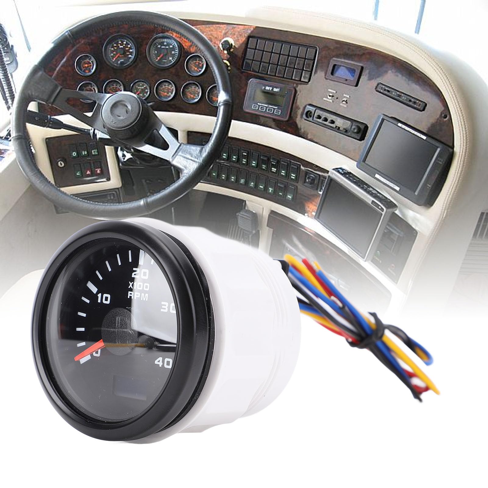 Tachymètre de Moteur 52 Mm 4000 Tr/min, Compteur Horaire, Rétroéclairage 7 Couleurs pour Camion, Tracteur, Voiture, Camping-car, Bateau, DC 9 à 32 V, Trou (Cadran noir Couvercle noir CX6225B)