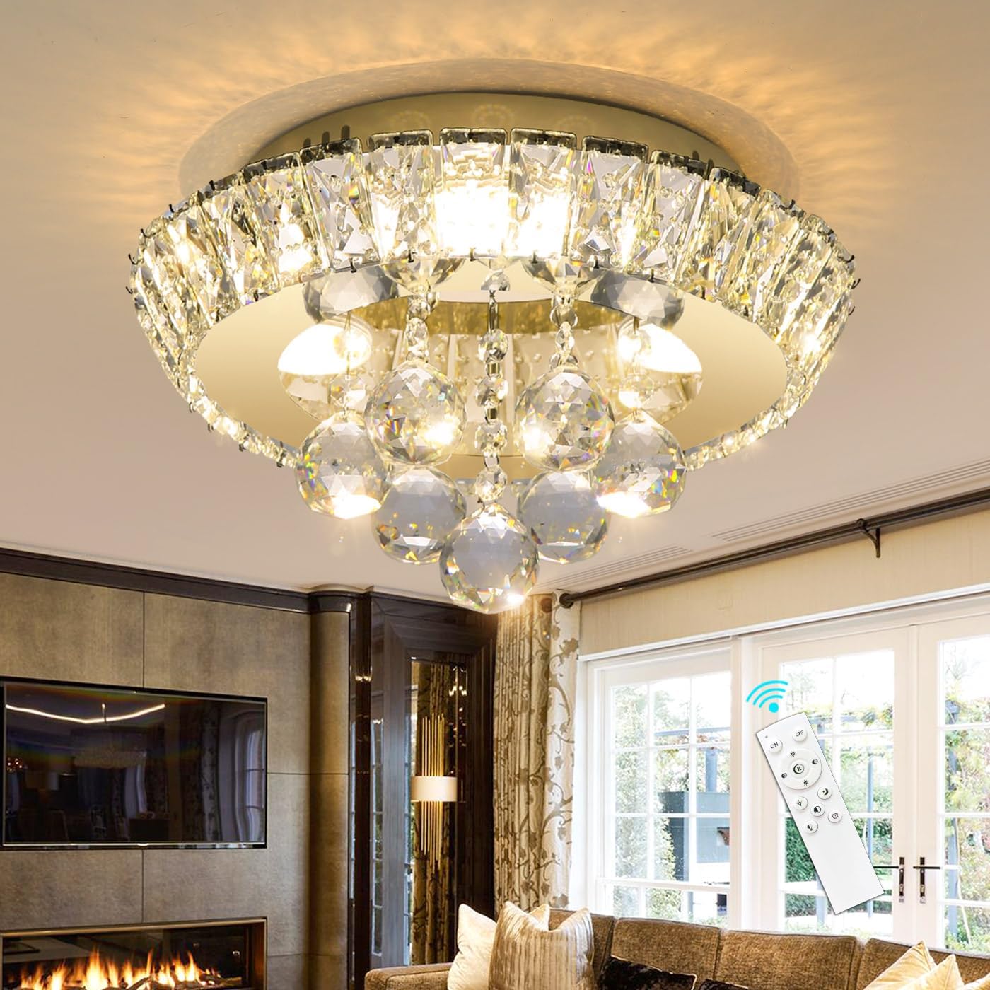 Modern Glam Crystal Chandelier Bedroom Ceiling Lights Chandelier with Dimmable Bulbs Ceiling Lighting Fixture 12 Inches Gold Light