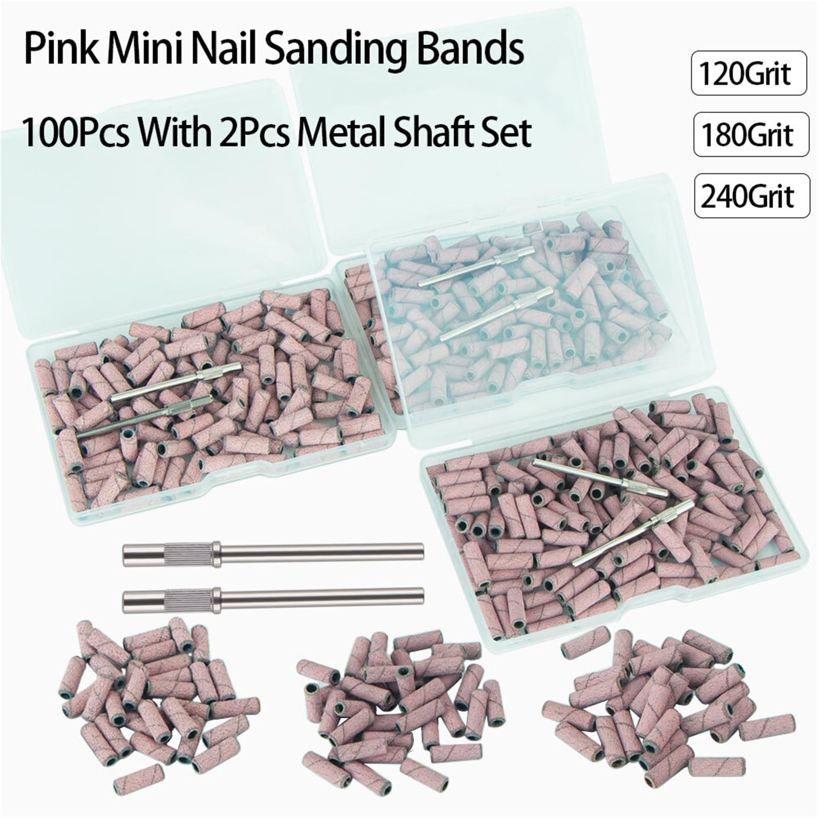100 Uds for taladro de uñas con 2 uds juego de brocas de mandril 3,1mm Mini brocas pequeñas for uñas de Gel(180grit pink)