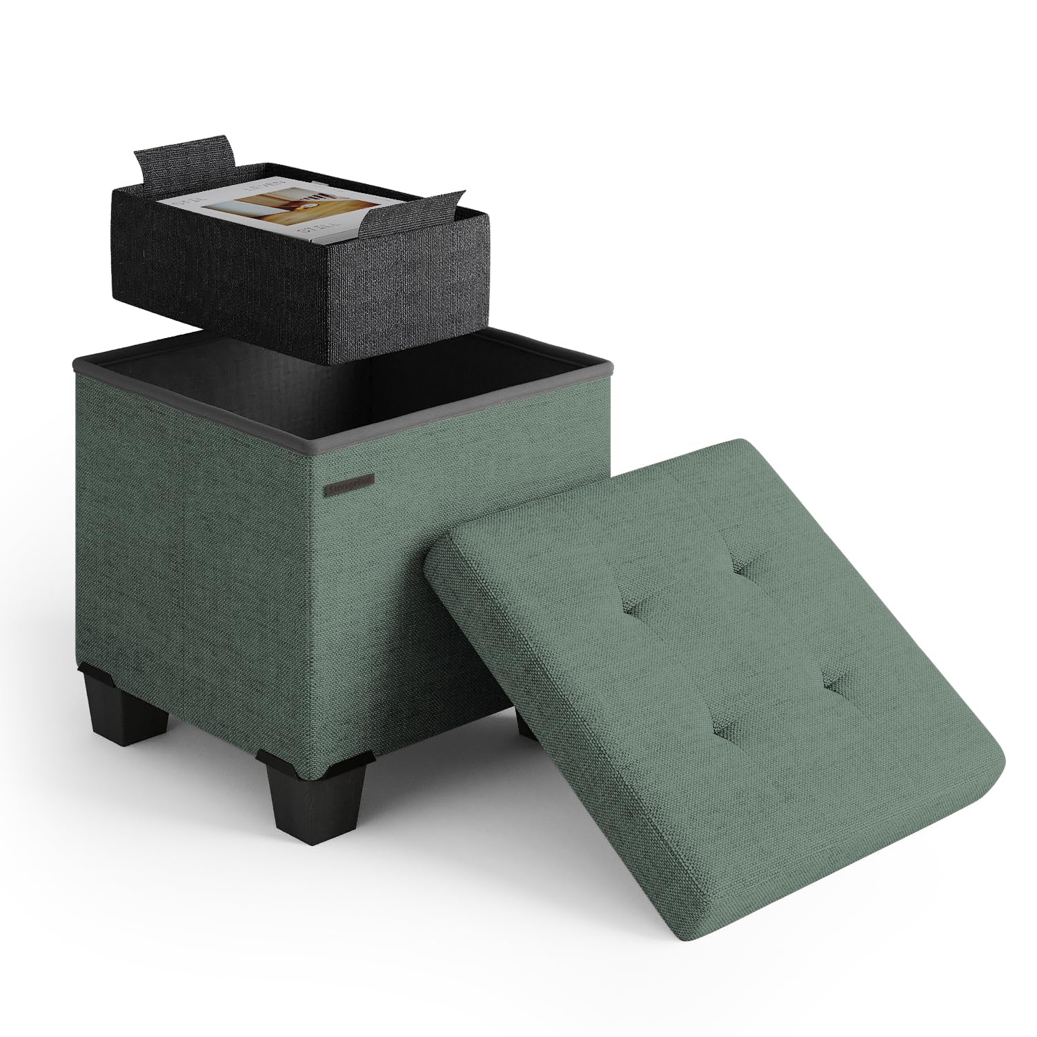 STORAGEBUD Storage Ottoman Cube with Small Bin, 16-in Square Ottoman with Storage for Living Room and Bedroom, Small Ottomans Foot Rest, Fabric Foot Stools Ottomans Max 330lbs, Green