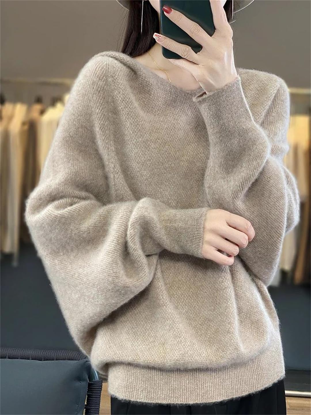 Moda Damska Luźny Sweter Z Długim Rękawem Wełna Merino Mock-Neck Pulower Bluzy Topy