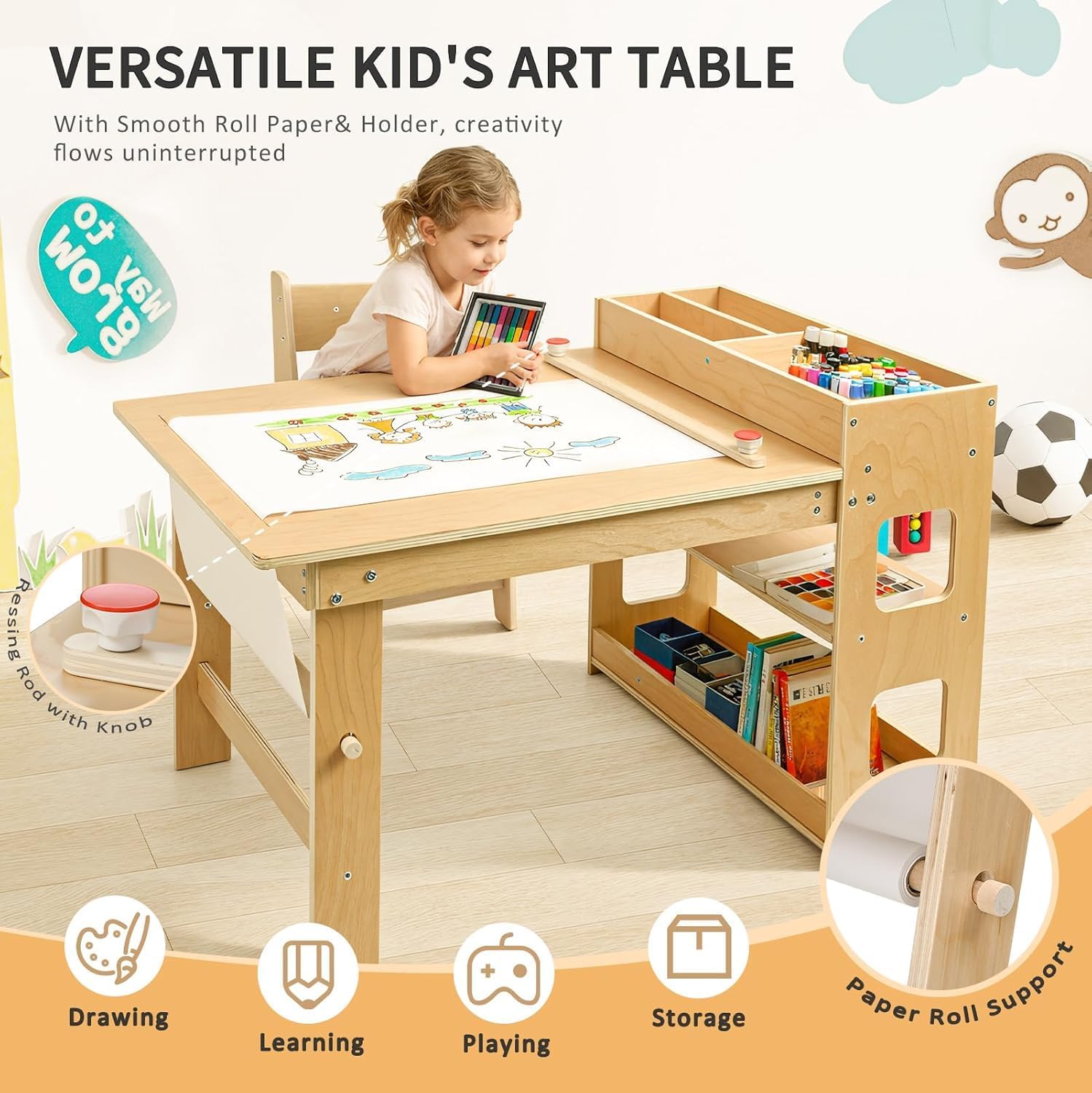 WINGYZ Kids Art Table and Chairs - Toddler Activity Table and 2 Chair Set with Storage Cabinet, 5 in 1 Kids Desk Craft Table with Paper Roll for Drawing Playrooms Daycare Classroom Gifts