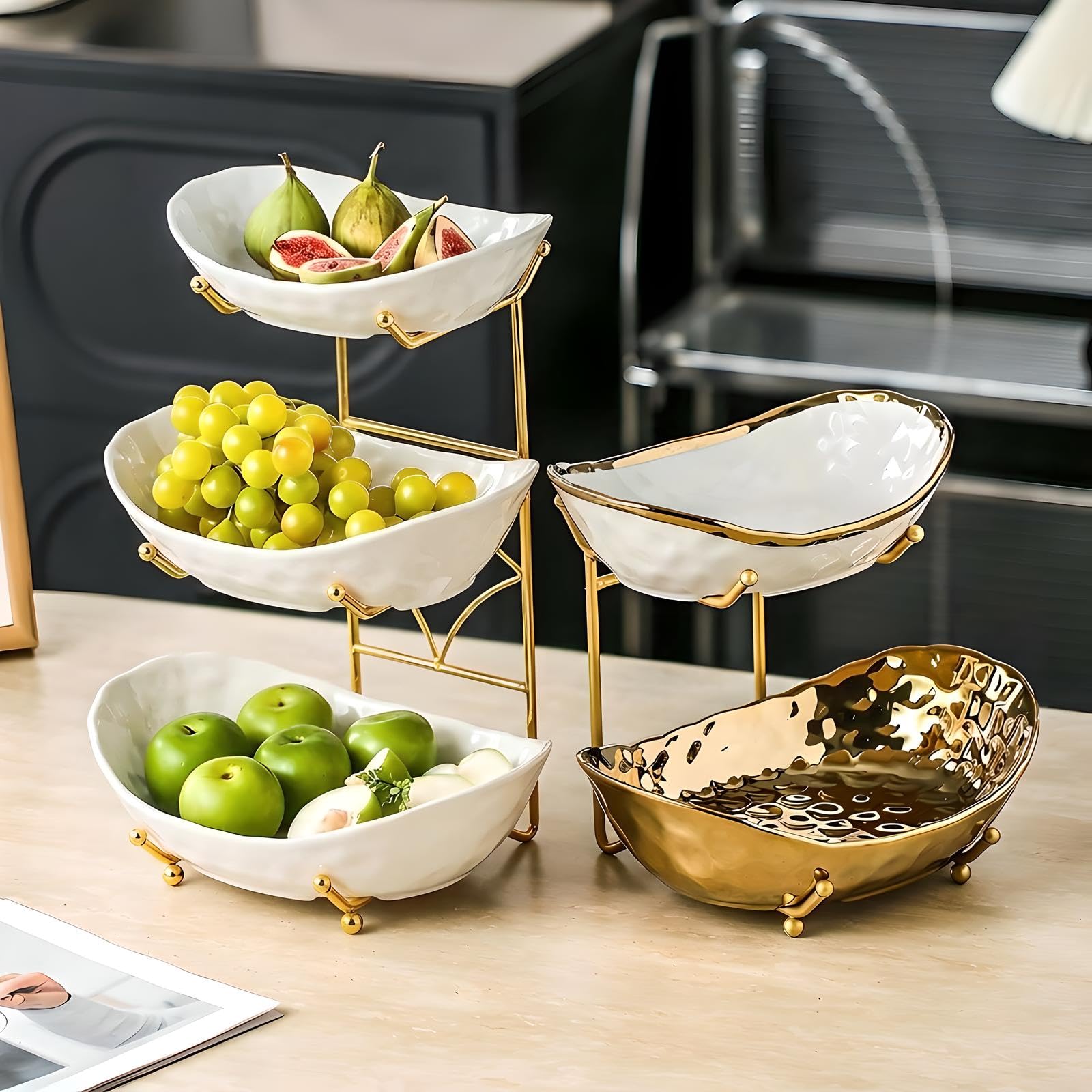 Obstschale mit 2 Ebenen/3 Etagen und Metallständer, Keramik-Obstschale für Zuhause, Party, Küche, Theke, gestufter Obstkorb für Snacks, Süßigkeiten, Brot, Aufbewahrung (Weiß C, 3 Etagen)