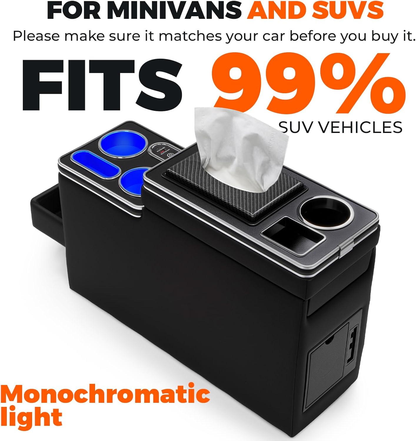 center console between seat organizer for minivans,suvs,with dual usb charging ,cup holders,tissue box, 7 color ambient lighting and drawers for minivan, middle van floor console organizer storage box