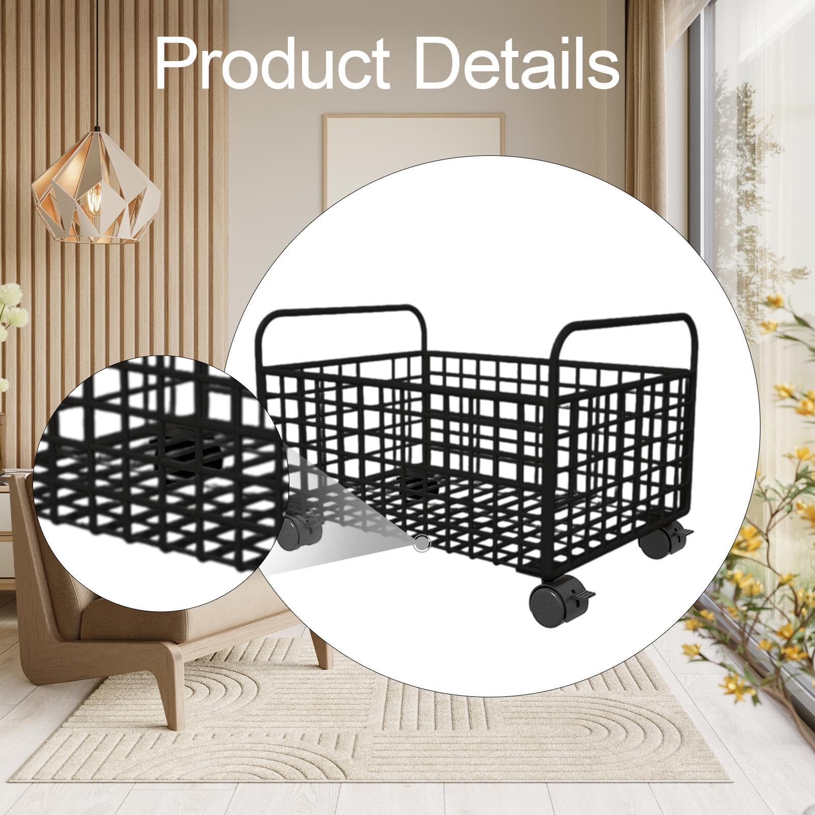 Carrello Multiuso con Ruote, Contenitore Portaoggetti in Rete sotto La Scrivania E Cestino Porta Libri di Cucina, Nero, 25 Cm X 48 Cm X 30