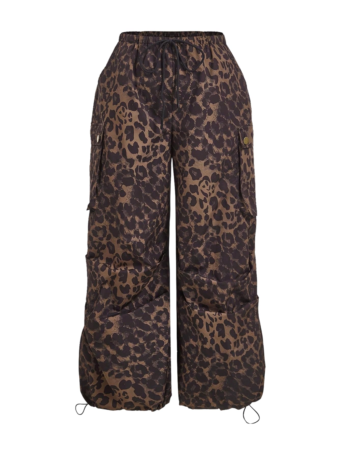 SOLY HUX Womens Plus Size Leopard Cargo Pants Y2k Cheetah Print Drawstring High Waisted Baggy Wide Leg Parachute
