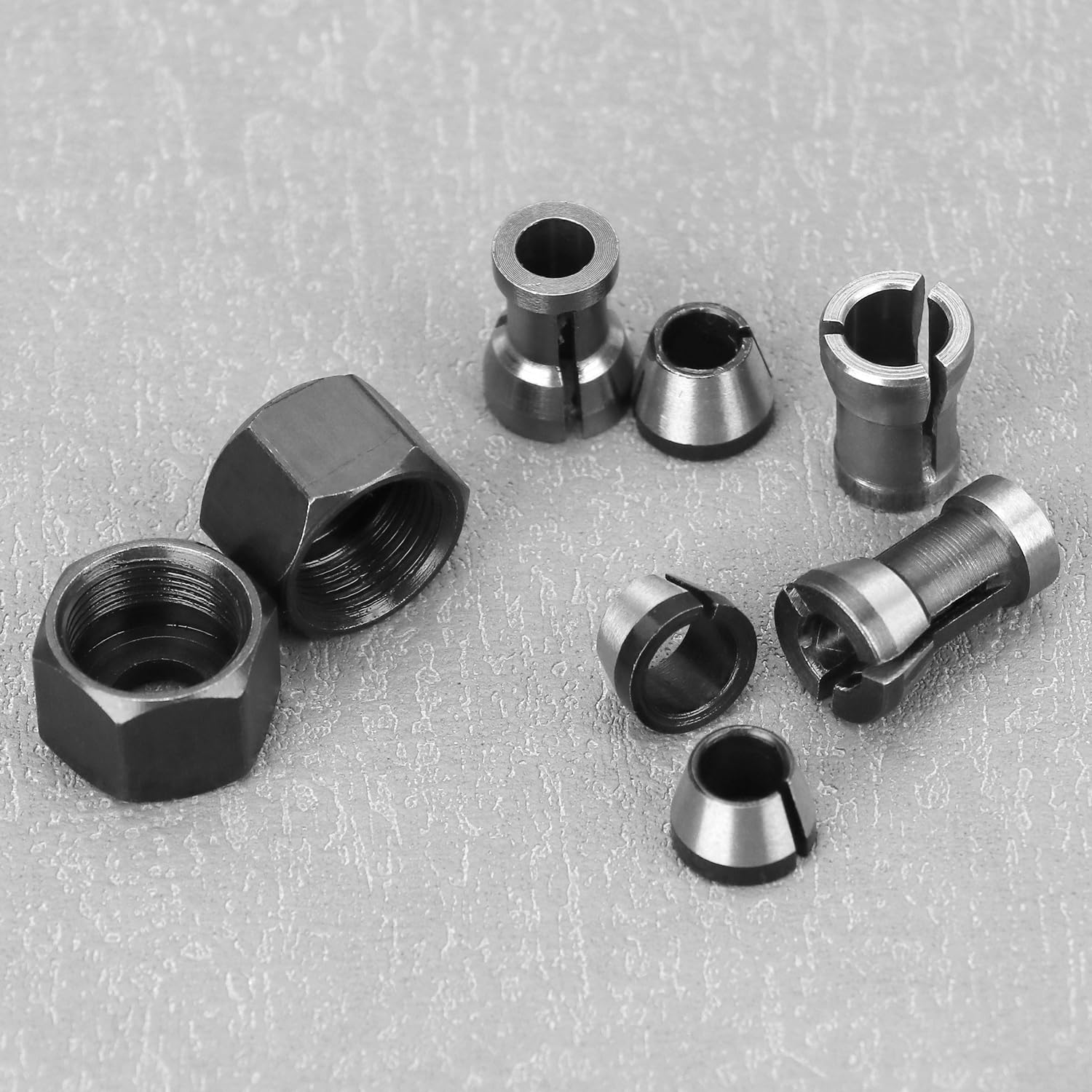 QWORK® 6 pezzi mandrini per pinze per router, acciaio al carbonio, adattatori elettrici per router per macchine per la lavorazione del legno e per l'incisione, 6 mm 6.35 mm 8 mm con 2 dadi