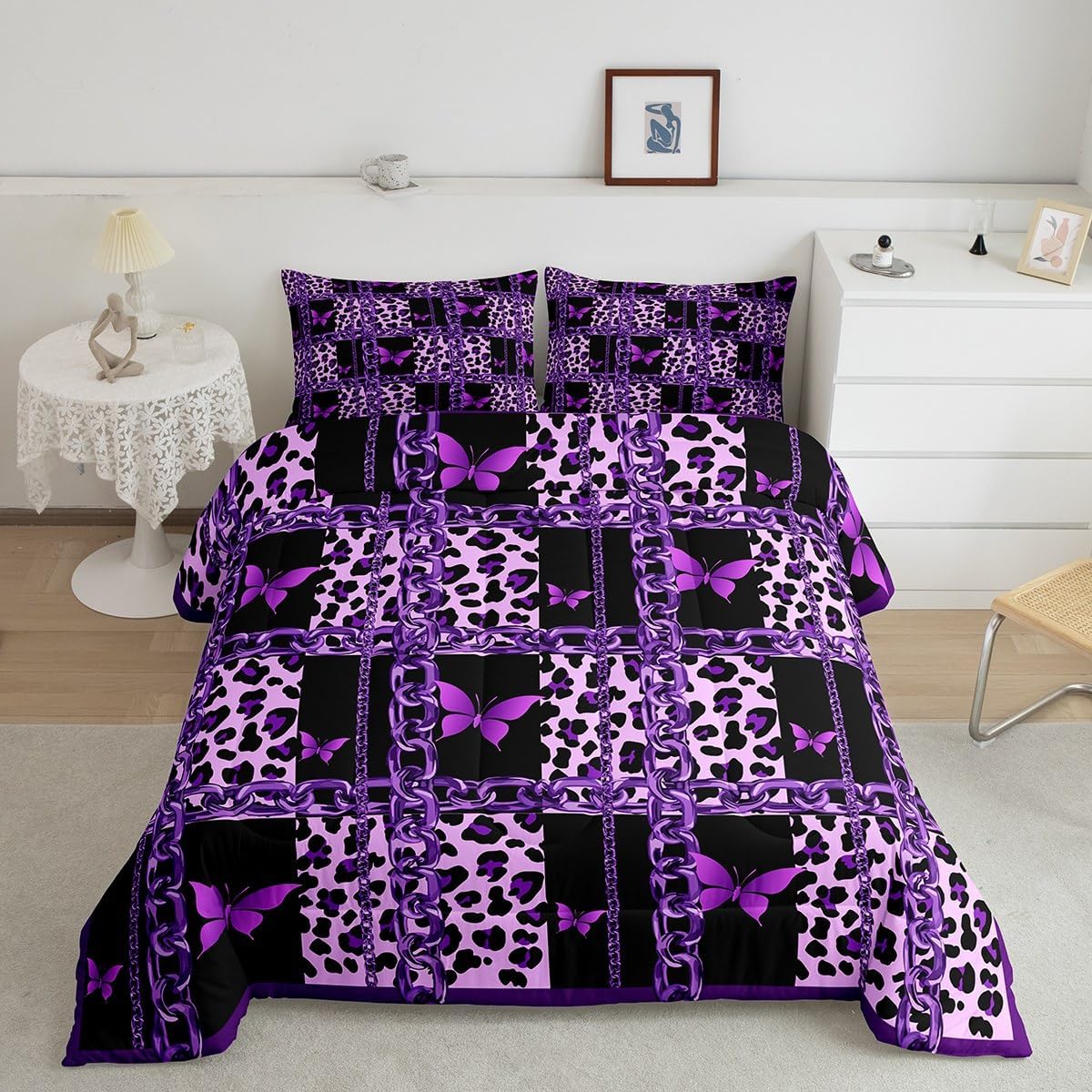 jejeloiu Purple Leopard Bedding Set Queen Size Purple Butterfly Comforter Set for Kids Boys Girls Geometric Print Duvet Set Chain Quilt Set 3Pcs