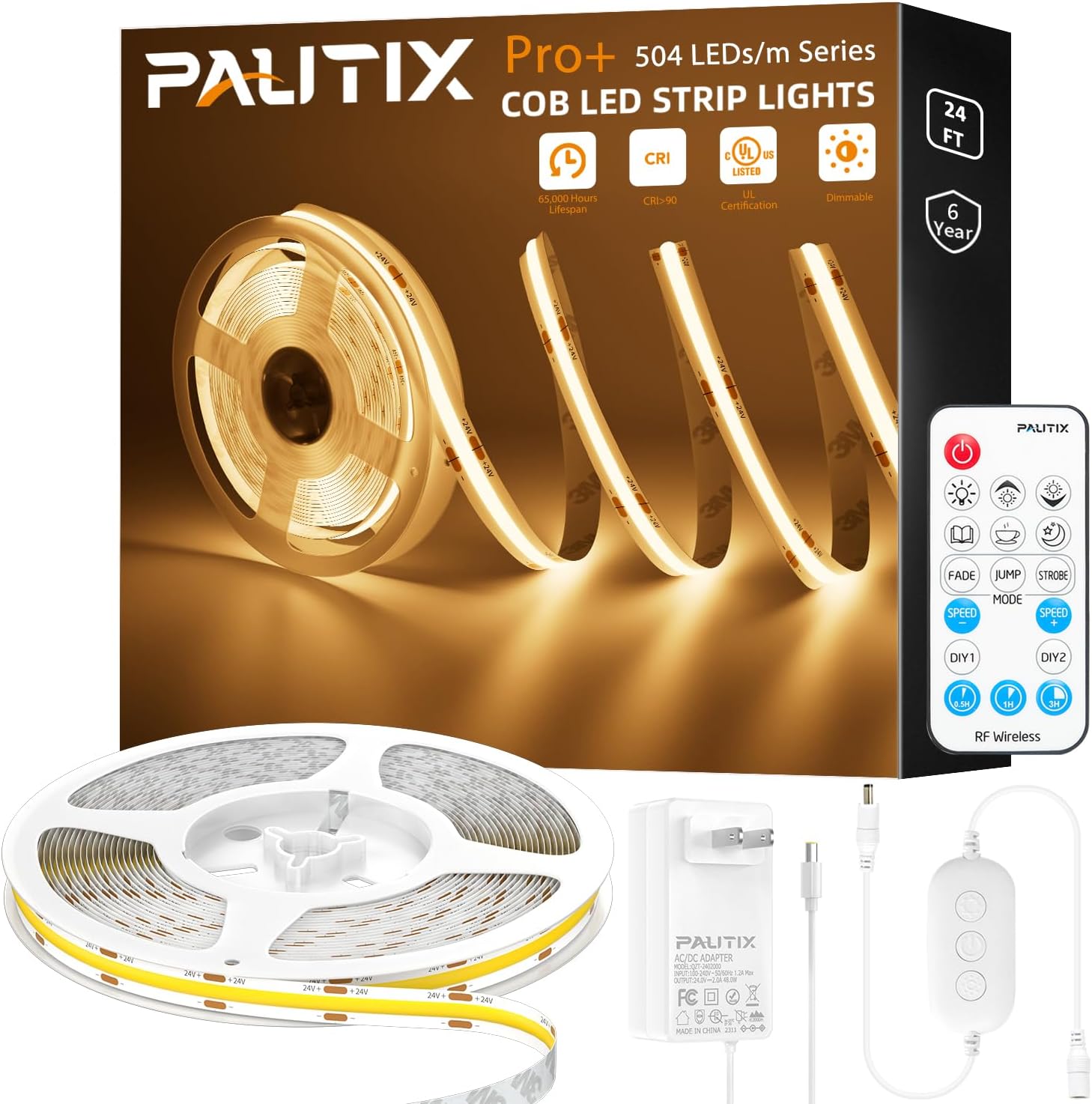 PAUTIX COB LED Strip Light 2700K, 24ft/7.5m Dimmable 3780LEDs DC24V Warm White LED Strip Light,High Lumen Tape Light with RF Remote Timer Function and 48W Power Supply for Home DIY Lighting Project