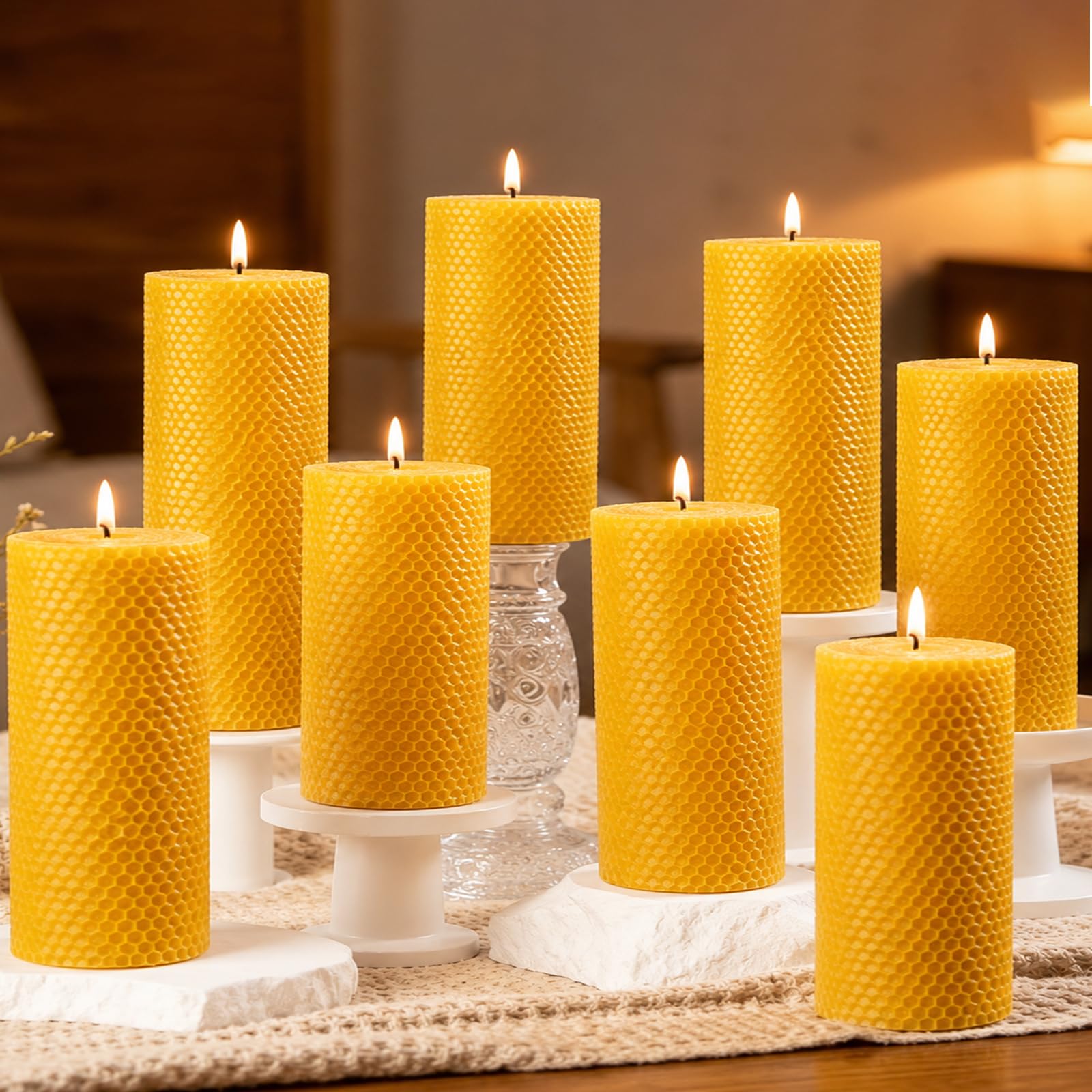 Confezione da 8 candele in cera d'api da 7,6 x 15,2 cm, grandi candele a colonna in cera d'api a nido d'api, 45 ore di combustione, regalo fatto a mano per decorare la casa, amanti delle candele