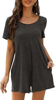 OULIWANGLUO Women's Round Neck Short Jumpsuit Waist Short Sleeve Romper Dress Short Jumpsuit Stretchy Shorts Romper Pockets