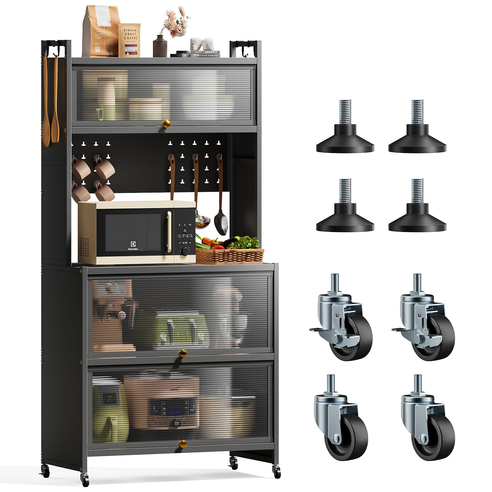 Warmiehomy Kitchen Storage Cabinets, Pantry Cupboard with 5 Tiers Bakers Rack, Kitchen Shelves with Transparent Flip Door & 4 Rolling Wheels, 80x40x162cm, Grey