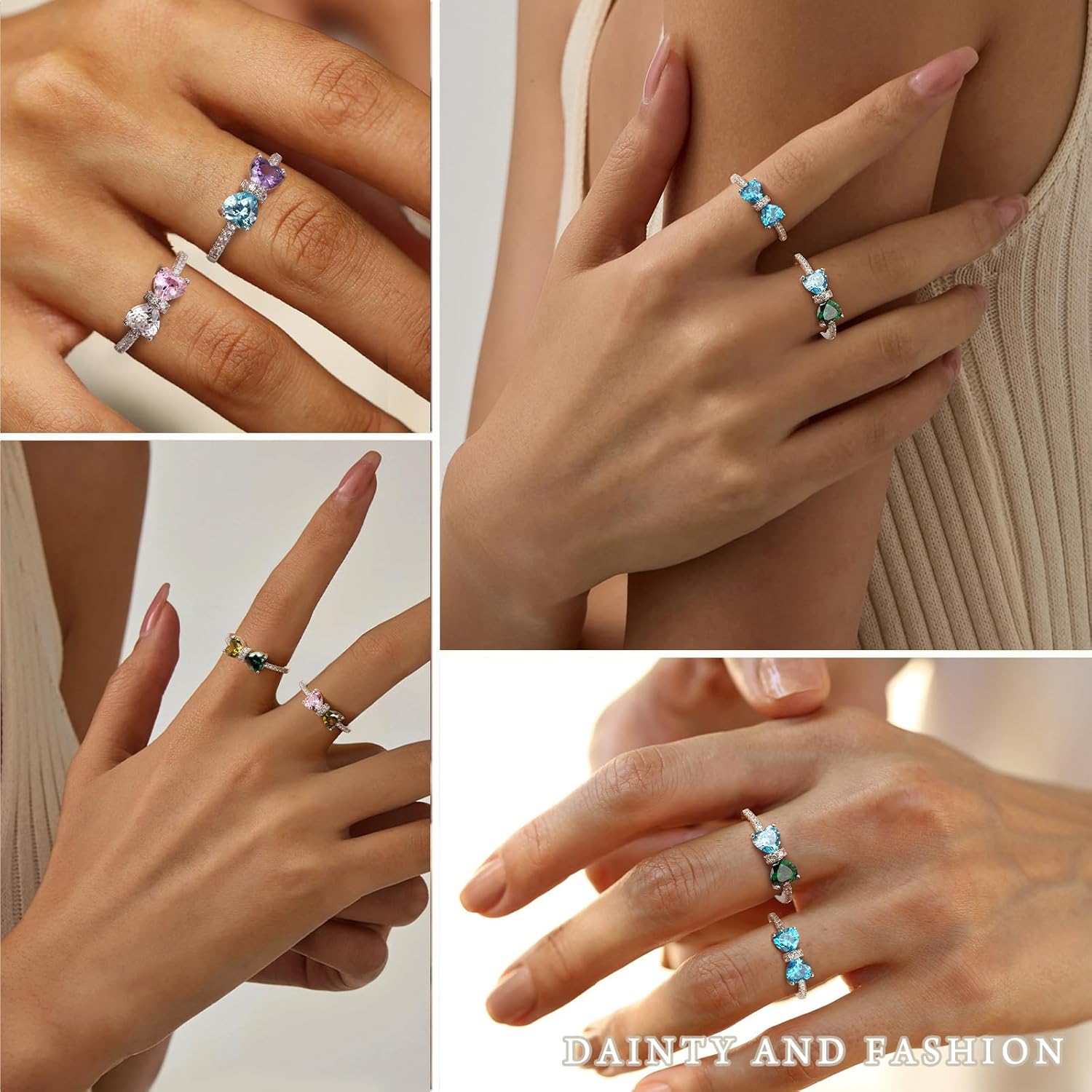 Raicegs Silver Birthstone Rings for Women Heart Cubic Zirconia Gemstone Adjustable Ring Personalized Jewelry Dainty Birthday Gifts for Her Mom - Image 6