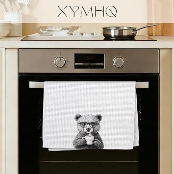 Funny Bear Gift Kitchen Towel, Cute Grizzly with Glasses Drinking Coffee, Woodland Animal Decor, Coffee Bar Accessories, Bear Lover Gift, Humorous Dish Towel, 16x24 Inch