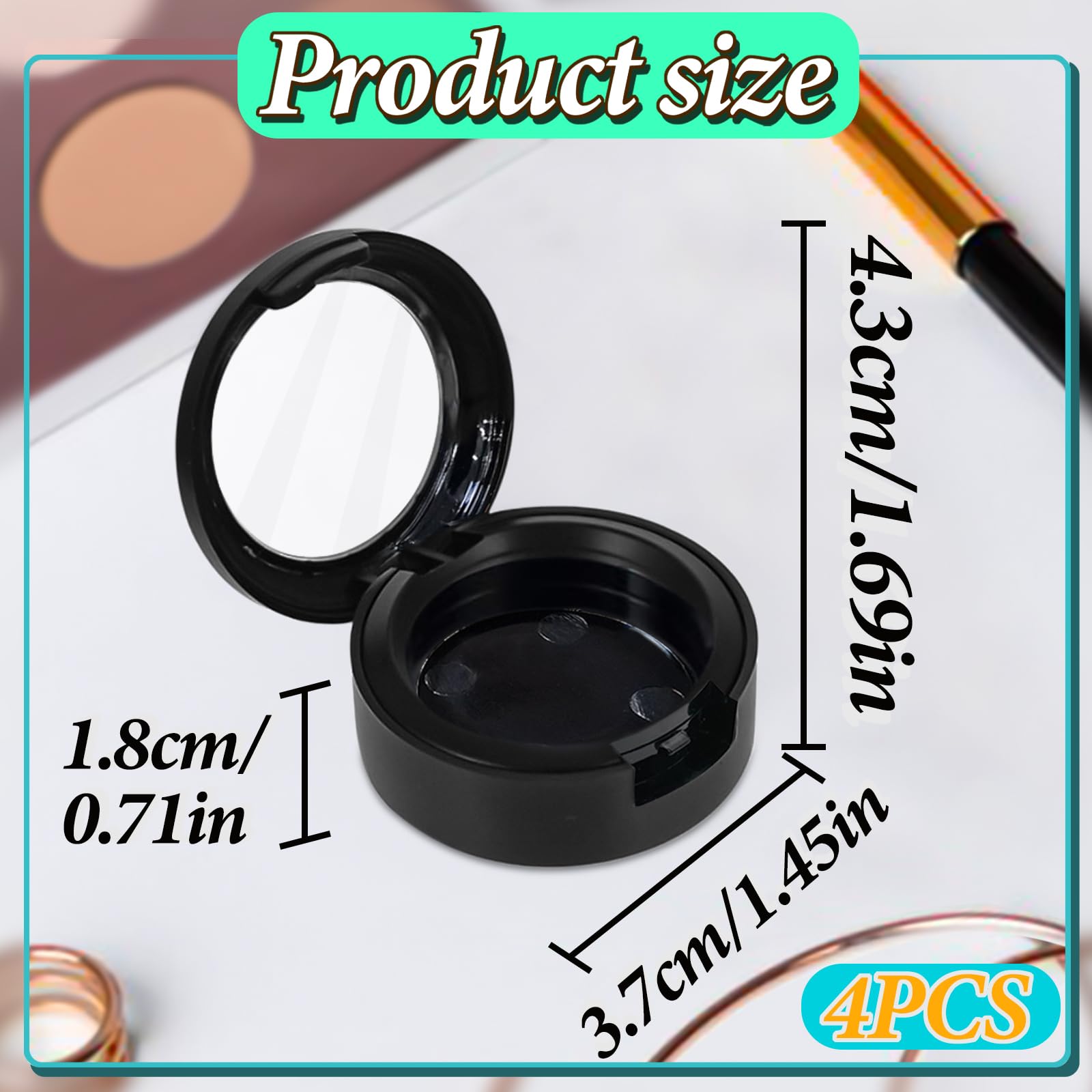 4 cajas vacías de sombra de ojos de maquillaje, contenedor de sombra de ojos recargable para uso diario en viajes, sartenes vacías para mujeres y niñas, 1.378 in, Negro - 2