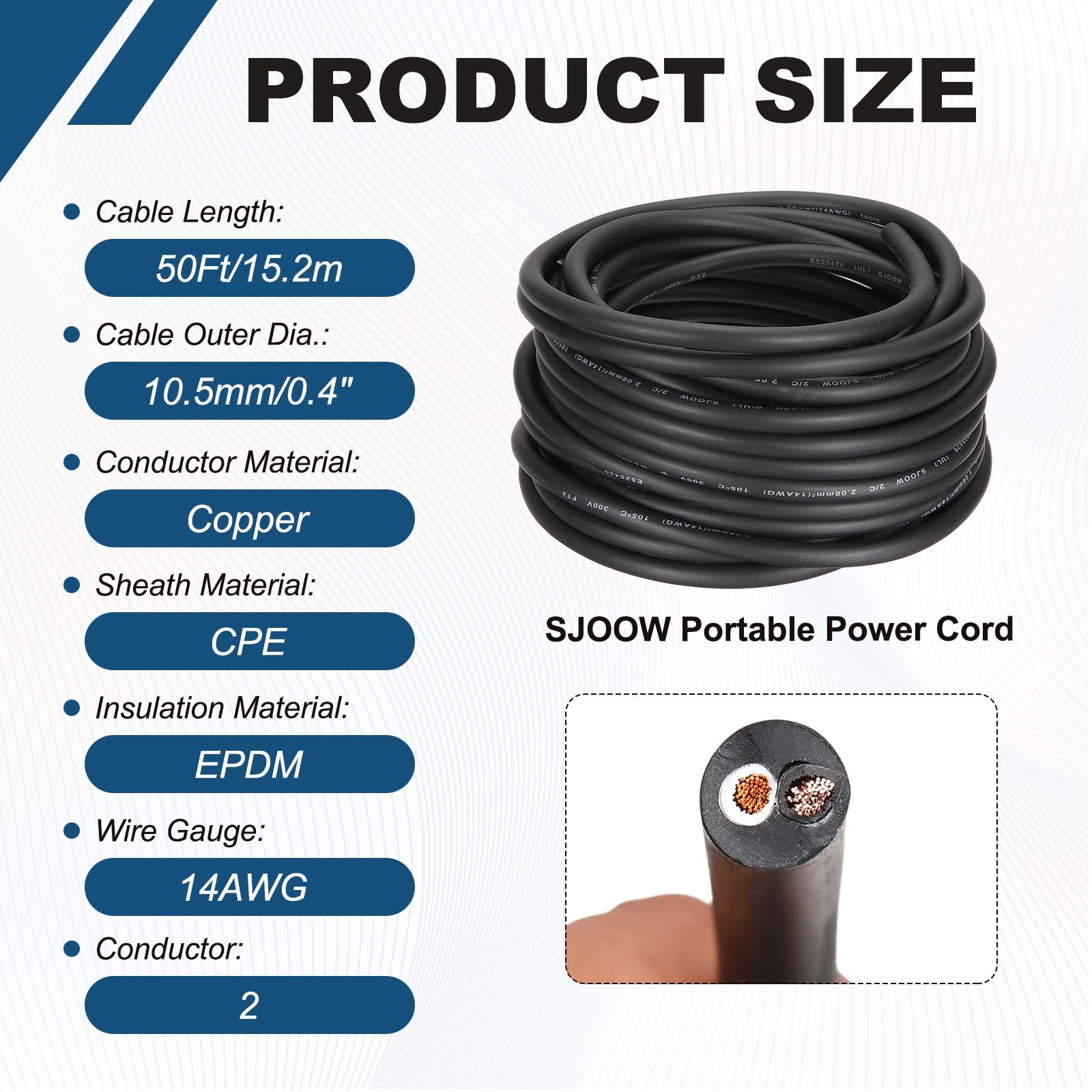QUARKZMAN Cable Eléctrico SJOOW Calibre 14 2 Conductores 50 Pies 14 AWG Cable De Potencia Portátil 300V Para Generadores Luces LED Cargadores De Baterías Cable De Extensión Flexible