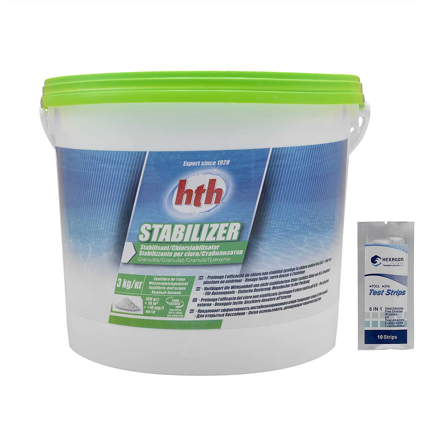 HTH STABILIZER Granulés - 3kg | Stabilisant/Stabilisateur du Chlore + 10 Tests HPS OFFERTS 6 en 1