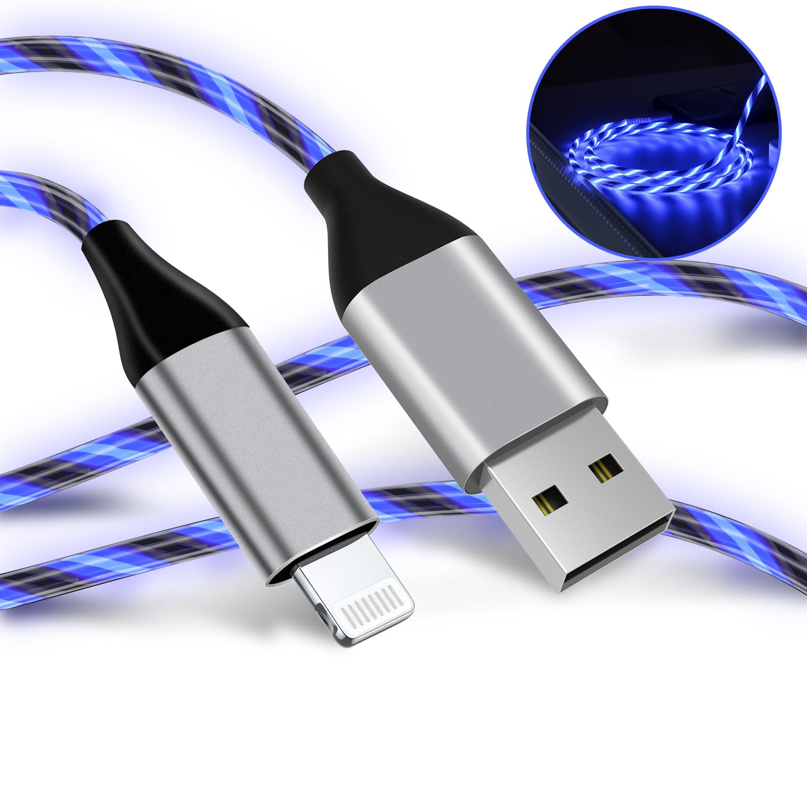 Photo 1 of Iphone Charger Cable LED Apple Charger Cord Apple MFi Certified Cool USB Fast Charging for iPhone 14 13 12 11 Pro Max XR X SE 8 Plus iPad iPod Touch More (Blue, 6 ft)