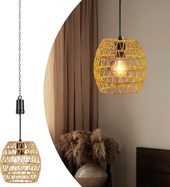 Battery Operated Rattan Hanging Lamp - Indoor/Outdoor Boho Light