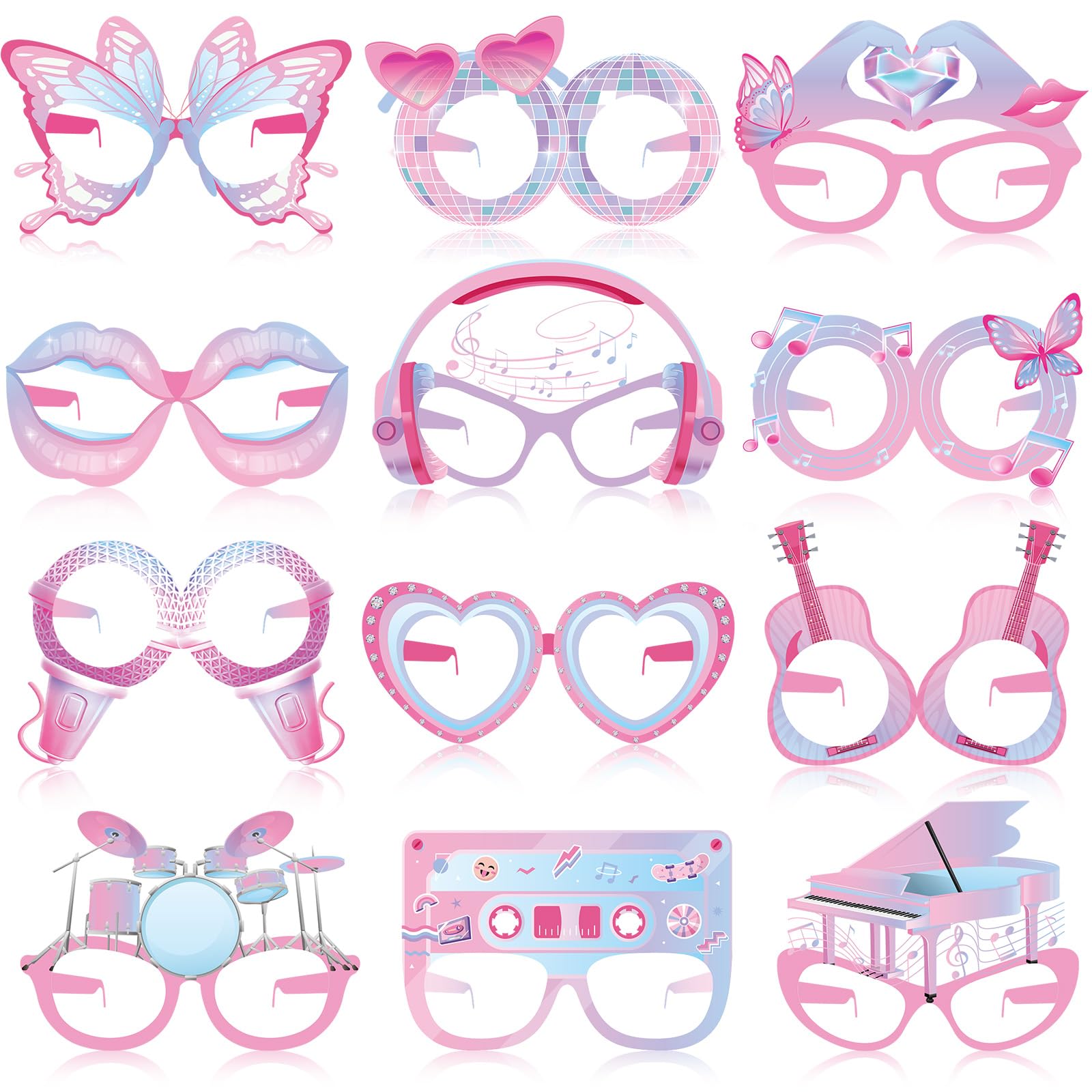 36 Pcs Music Era Themed Party Decorations Eyeglasses Era Themed Pastel Paper Glasses Concert Birthday Decor Music Lover Photo Booth Props Frame for Woman Birthday Party Decor Supplies Gift