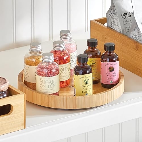 Miniatura 3 de mDesign Bamboo Lazy Susan - Recipiente de almacenamiento de alimentos para gabinetes, despensa, refrigerador, encimeras, organizador giratorio para