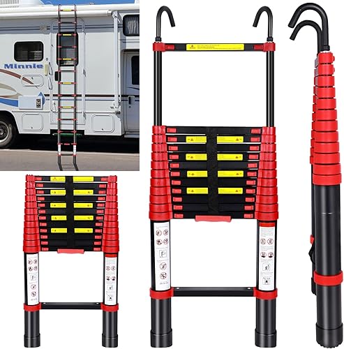 Landhoow Escalera telescópica de aluminio plegable de 12.5 pies con gancho, escalera plegable multiusos, capacidad de carga de 330 libras, para el