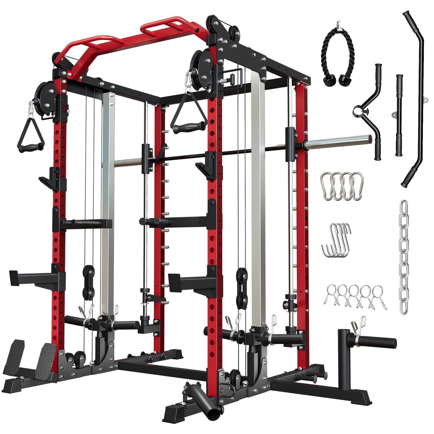 Power Cage Home Gym, Dual Pulley Cable Crossover System, All-in-One Squat Power Rack with Strength Training Attachments for Full-Body Workouts