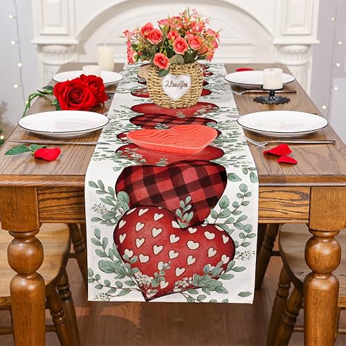 Miniatura 3 de Siilues Camino de mesa de San Valentín decoración de corazón dulce para el día de San Valentín camino de San Valentín a cuadros para mesa decoración