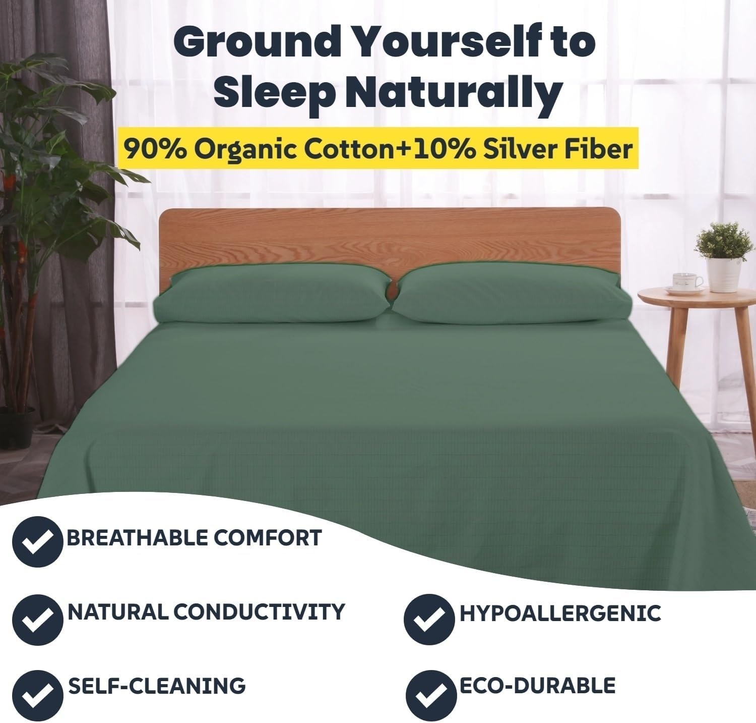 OKOHEY Grounding Flat Sheet, Queen Size – 90% Organic Cotton & 10% Silver Fiber, Conductive Earthing Bed Sheet for Better Sleep and Enhanced Wellness, White