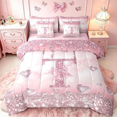 Initial T Bow Comforter Set 7 Piece Bed In A Bag Twin,Pink Alphabet Ribbon Bowkn