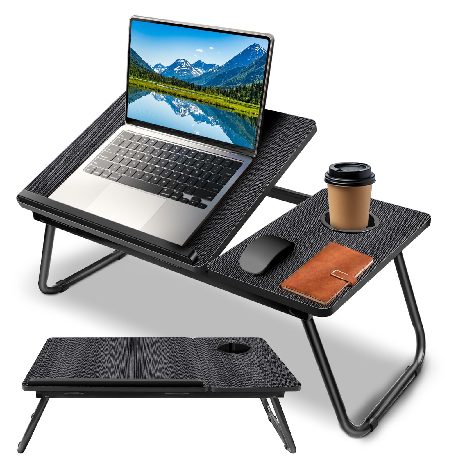 Laptop Desk, Foldable Laptop Bed Table with Cup Slot & Adjustable Height Angle, Reading Holder Notebook Stand, Laptop Bed Tray for Bed Sofa Breakfast Work Study Reading, Black