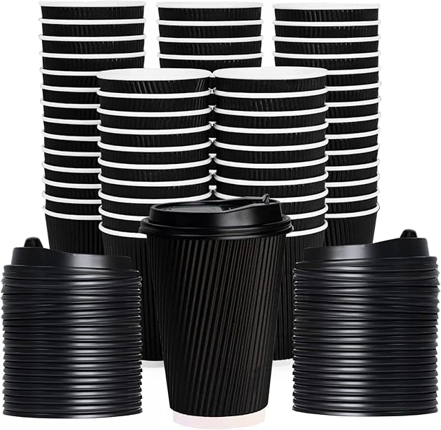 Coregadgets 12 oz Black Ripple Hot Cups - Double Walled Insulated Disposable Paper Cups with Lids, Corrugated Sleeves Tea Coffee Hot Chocolate Hot Drinks Takeaway Drinks Cups [25 Cups - 25 Lids]