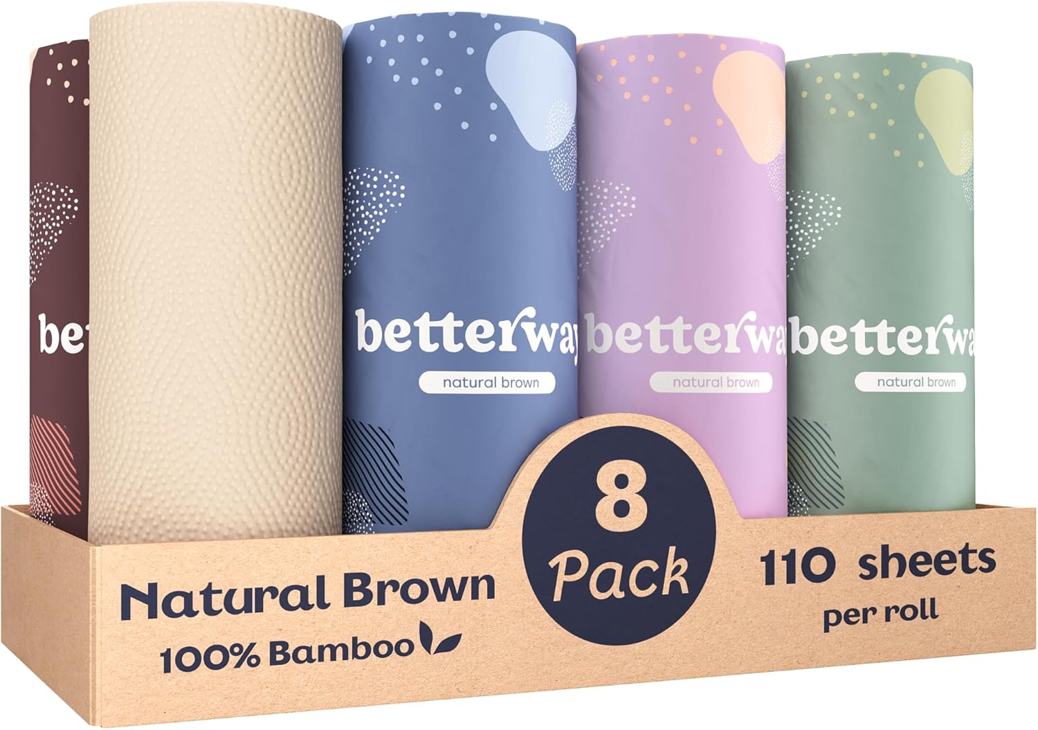 Betterway Bamboo Natural Brown Paper Towels - 8 Rolls, 2 Ply, 110 sheets - Plastic Free, PFAS Free, Disposable Kitchen Paper Towels - Select Size, Tree Free, Compostable, Strong &amp; Absorbent