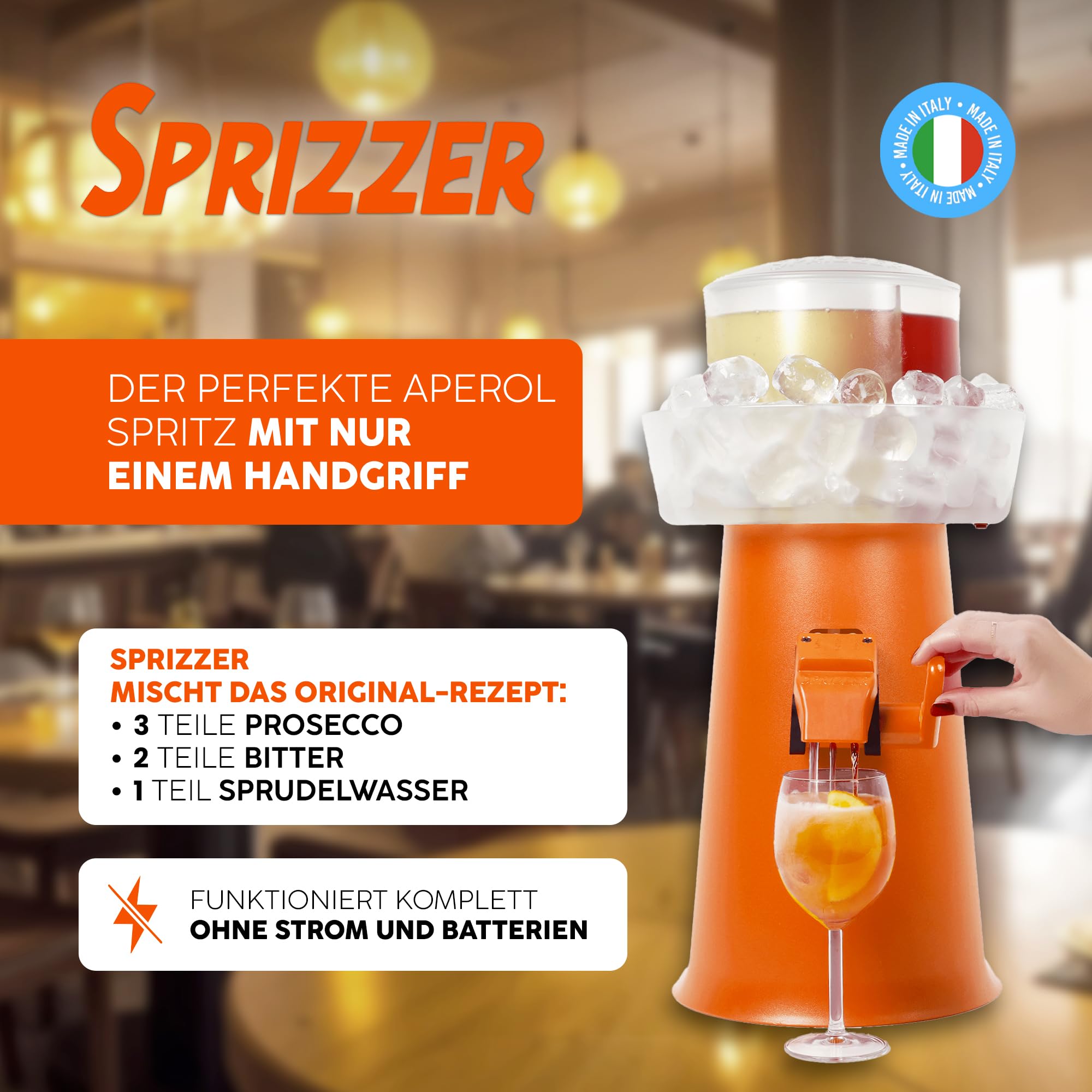 Aperol Spritz Maschine Dispenser Mischer mit Eisbehälter, Manuelle Abgabe, Orange, Made in Italy
