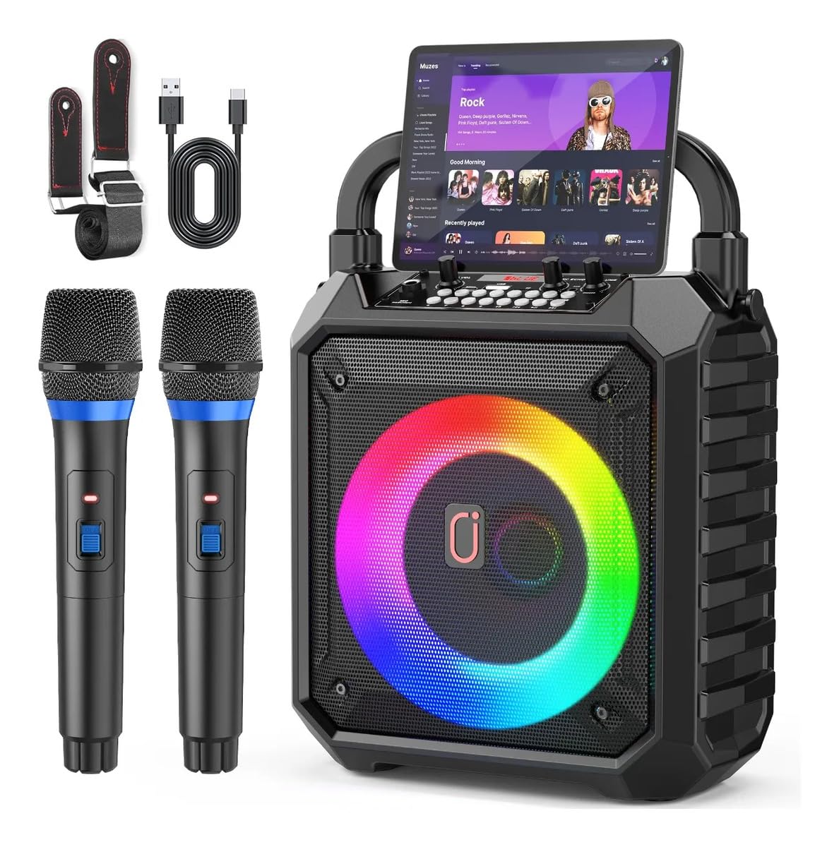 JYX Caixa de Som com Microfone para Adultos e Crianças, Caixa de Som Bluetooth Portátil com 2 Microfones e Luzes de DJ para Festas e Reuniões em Casa, Suporta USB/TF/AUX/REC(50W)