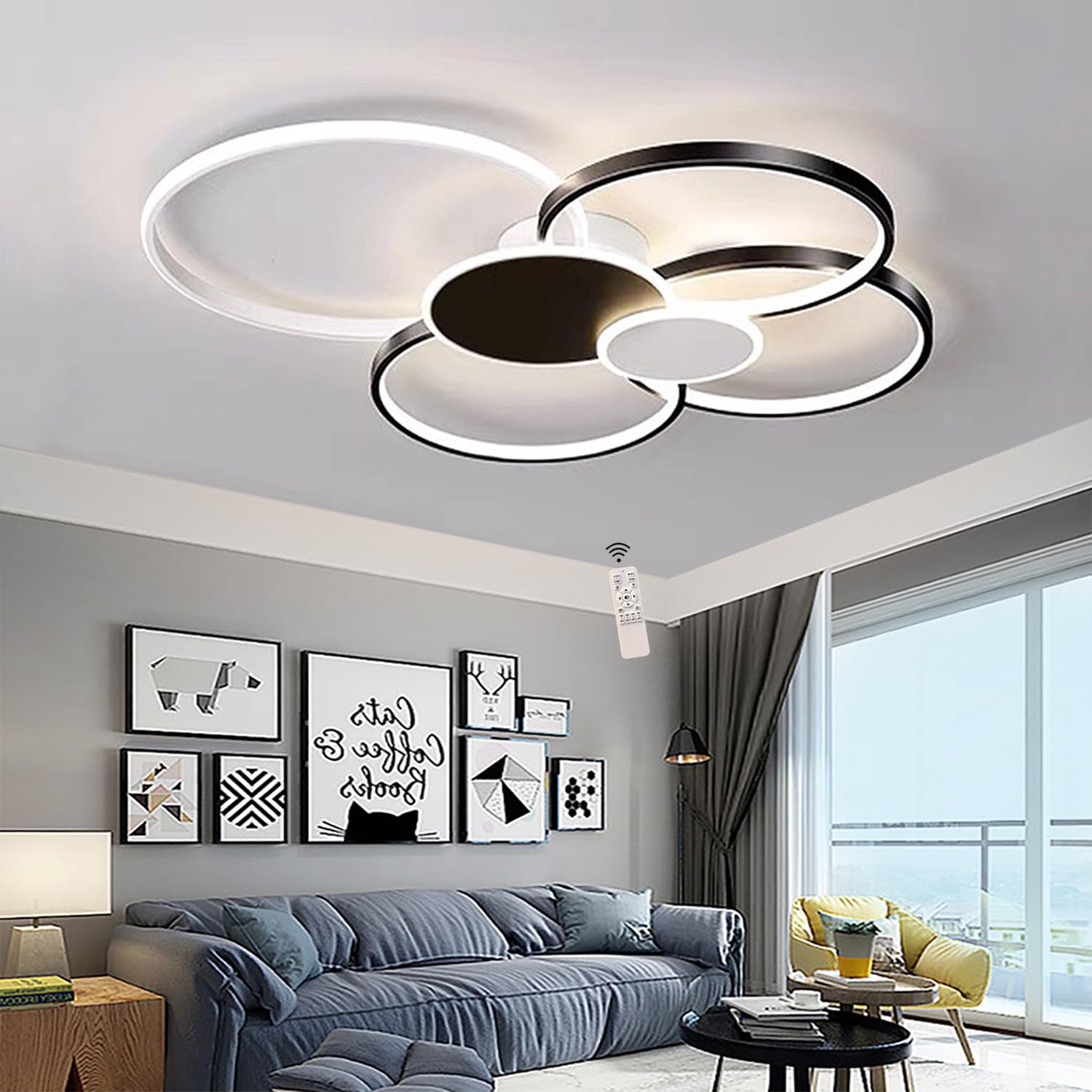 LED Dimmable Ceiling Light with Remote Control Chic Living Room Ceiling Lamp Fixture Creative 6-Ring Design Metal Ceiling Light,Interior Lighting Flush Mount Chandelier (Black+White, L100CM/96W) — image 1