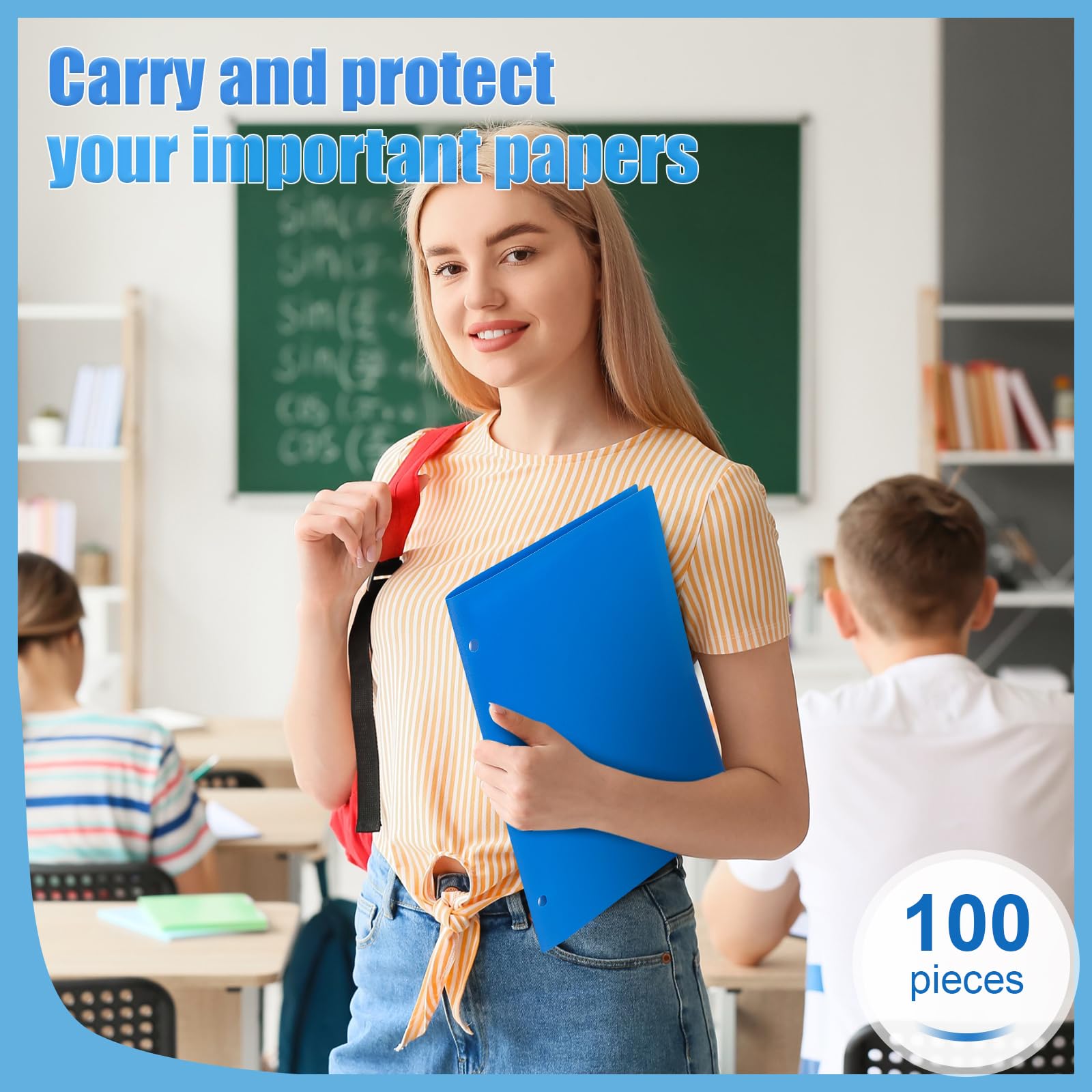 Yeaqee 100 cartelle in plastica con tasche, 3 fori, 2 tasche, per raccoglitori a 3 anelli, divisori, per notebook, in poliestere resistente, per ufficio e casa (blu)