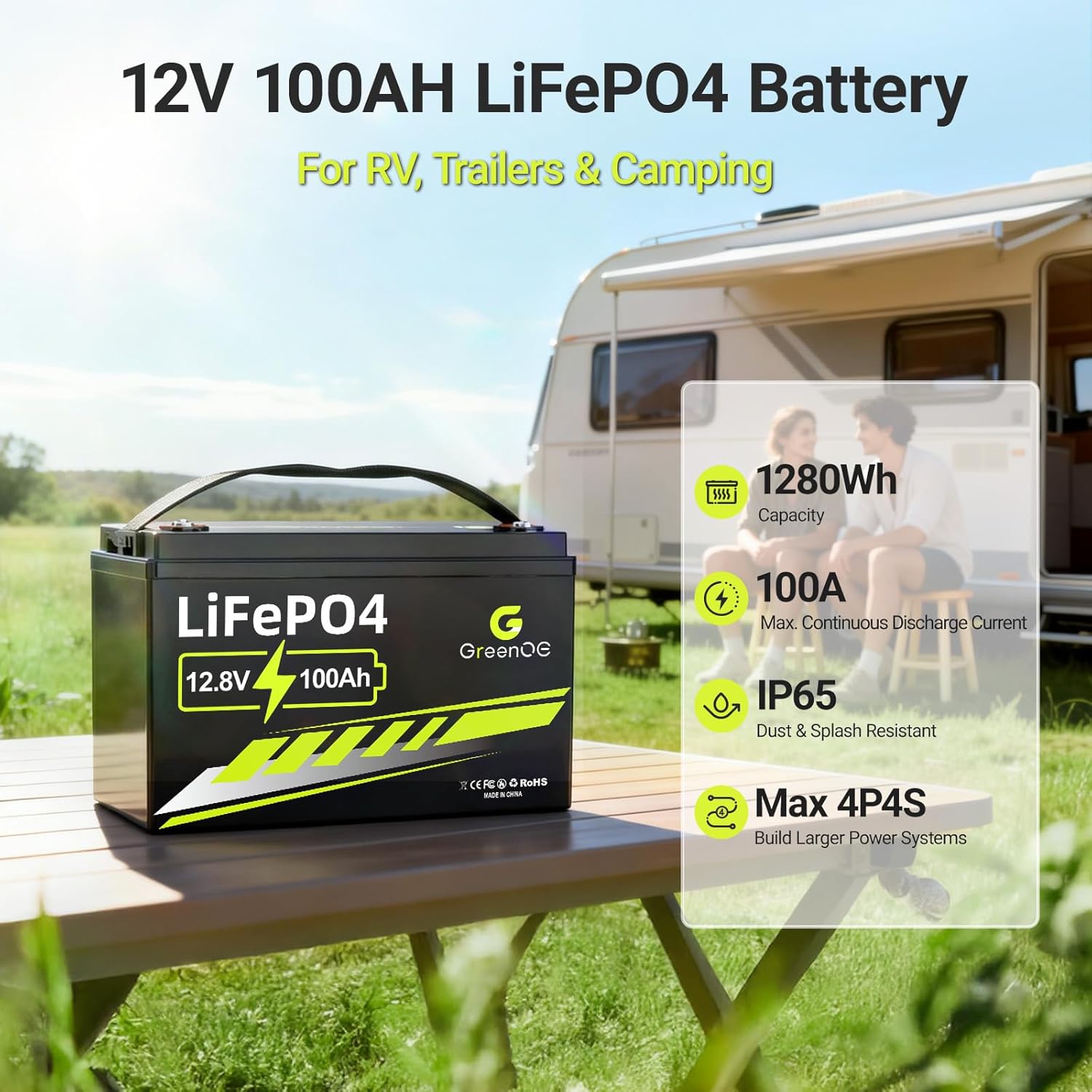 12V 100Ah Lithium LiFePO4 Battery, Group 31 RV Lithium Battery, Built-in 100A BMS, Up to 15000 Deep Cycles, Rechargeable Lithium Battery Prefect for Marine, Solar System,Trolling Motor