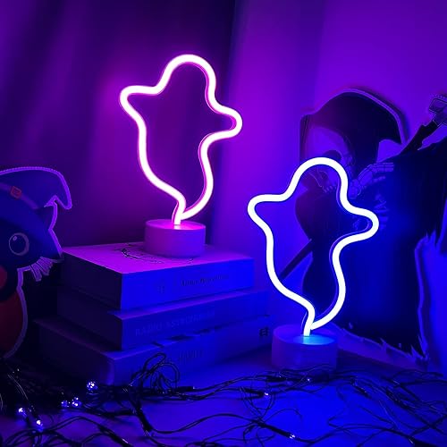 Miniatura 2 de Letrero de neón de fantasma con base, letrero de luz LED de fantasma de Halloween, lámpara con forma de fantasma con batería o alimentación USB para