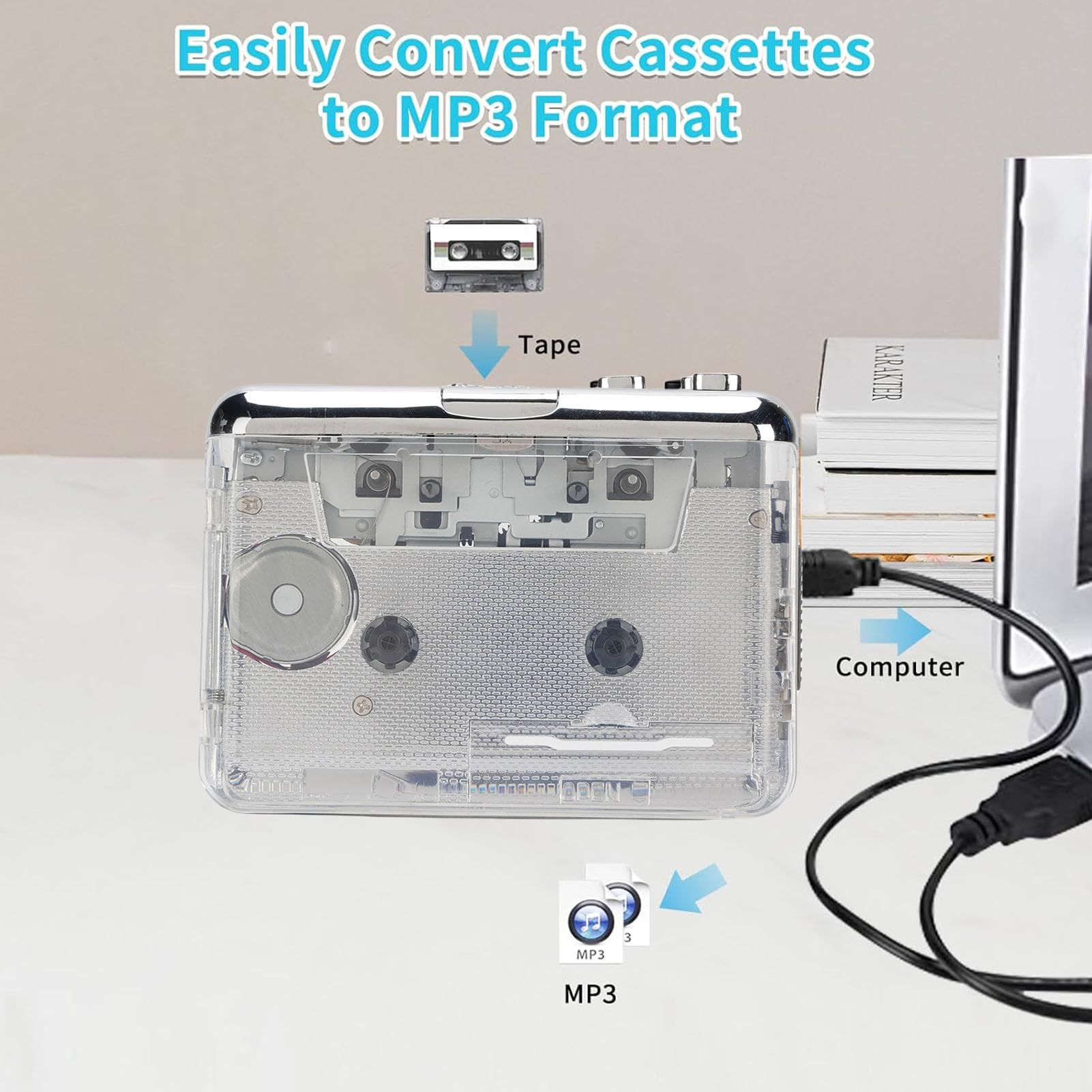 Tosuny Cassette Player, Cassetta a MP3 Converter - Auto Reverse Stereo Sound PC USB -C Connessione a Doppia Potenza Cancella
