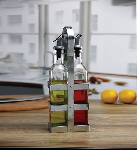 Circleware Living Spaces Collection Houseware - Dispensador de aceite y vinagre de vidrio en carrito de metal galvanizado, juego de 2, 16 onzas,