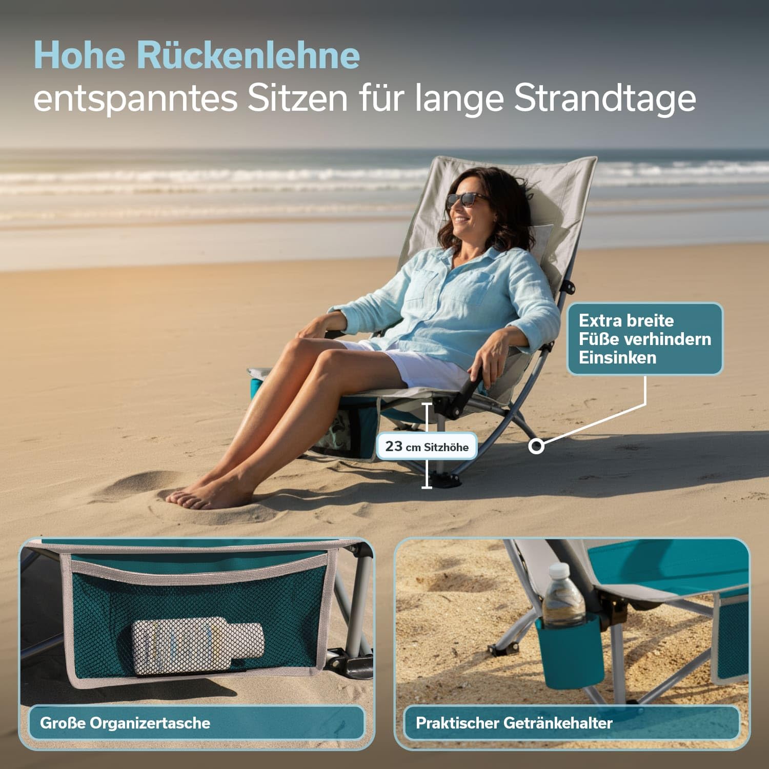 Skandika Strand Campingstuhl Beach | Bequemer Strandstuhl mit atmungsaktivem Mesh, Getränkehalter, niedrig, leicht zu transportieren, max. 136 kg | Faltbarer Klappstuhl, Liegestuhl (beige/türkis)