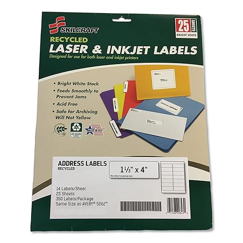 AbilityOne 7530016736514 Skilcraft - Etiqueta de inyección de tinta reciclada, color blanco, 1.33 x 4 pulgadas, paquete de 350