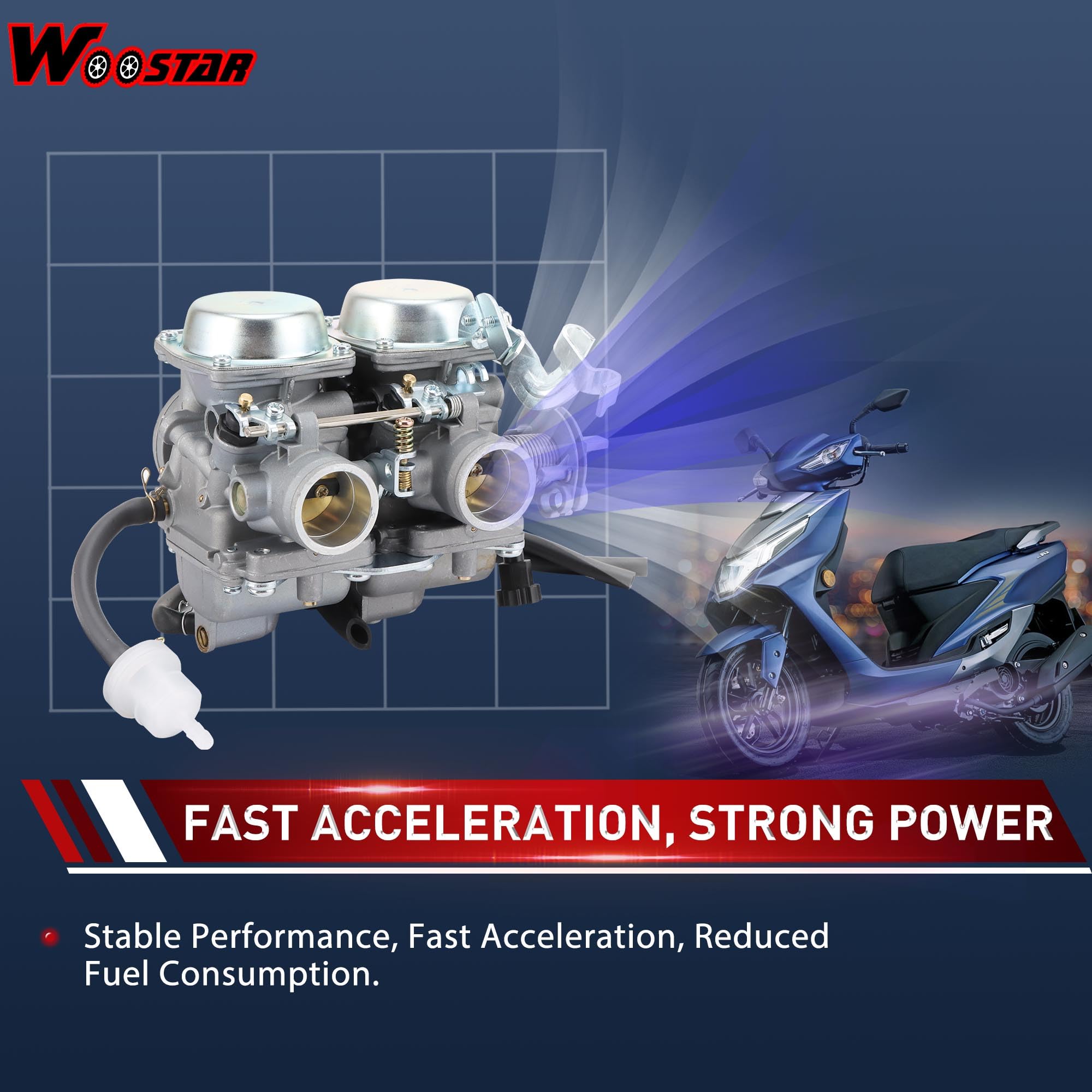 WOOSTAR Carburador Bicilíndrico con Filtro de Combustible Ensamblaje Reemplazo para Carb Chamber 250cc Rebel CMX 250 CA250 CBT250 Motor Leonart Daytona Spyder 125cc Dirt Pit Bike