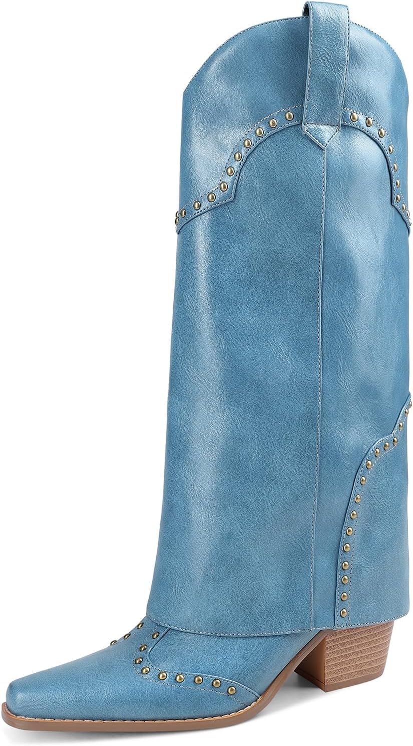 Women Shark Boots Fold Over Mid Calf Chunky Heel Snip Toe Cowboy Cowgirl Pull On Studded Boots for Women