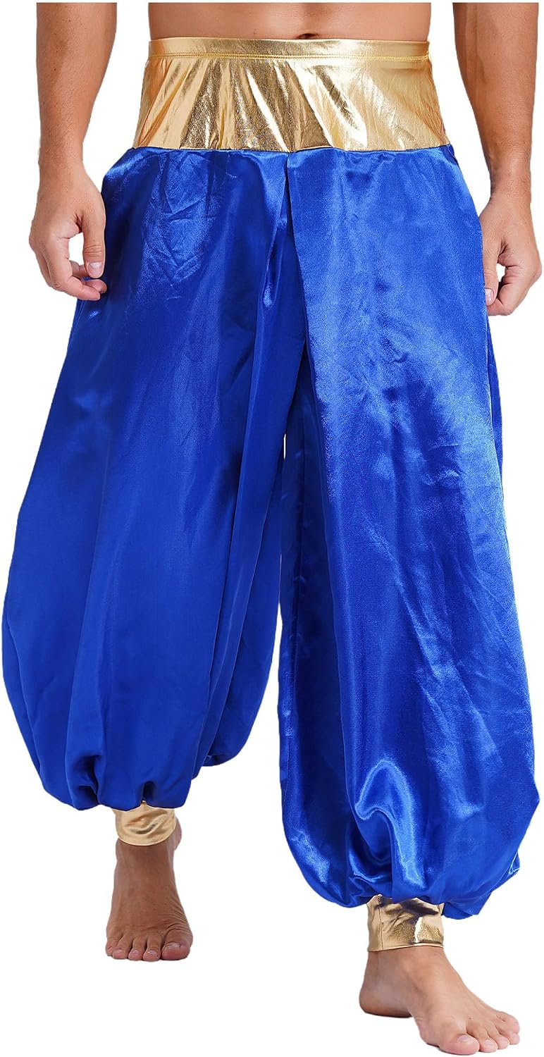 Men's Desert Prince Costume Pants Metallic Shiny Patchwork Arabian Prince Magical Hippie Harem Pants