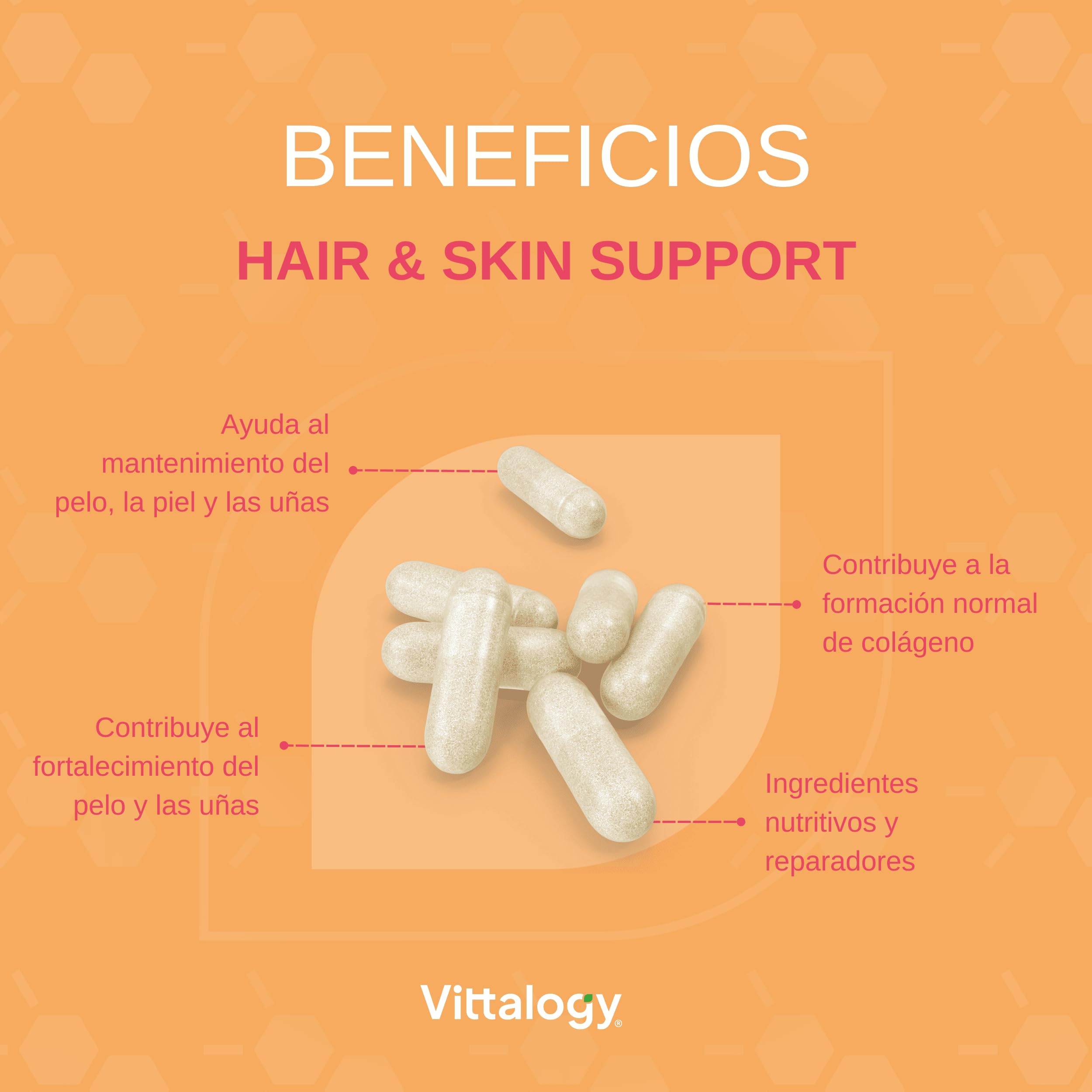 Hair & Skin Support Complemento Alimenticio de Vitaminas, Biotina, Queratina y Zinc para Fortalecer Pelo, Piel y Uñas. Suplemento Natural Contra Caida Cabello de Mujer y Hombre. 360 Cápsulas